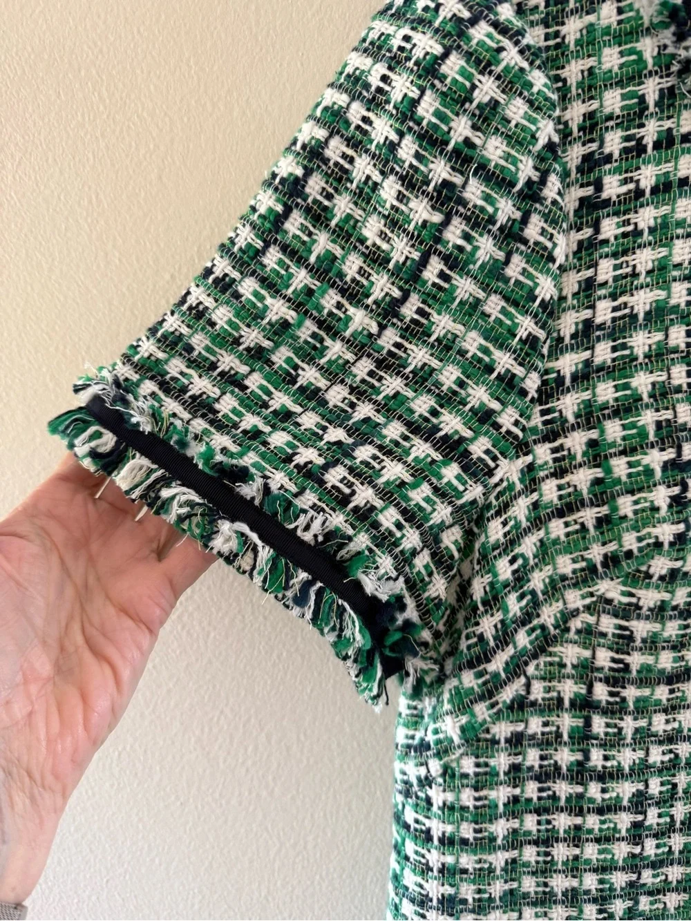 Kate Spade NY Tea Time Green and White Tweed Midi Dress with Navy Trim NEW